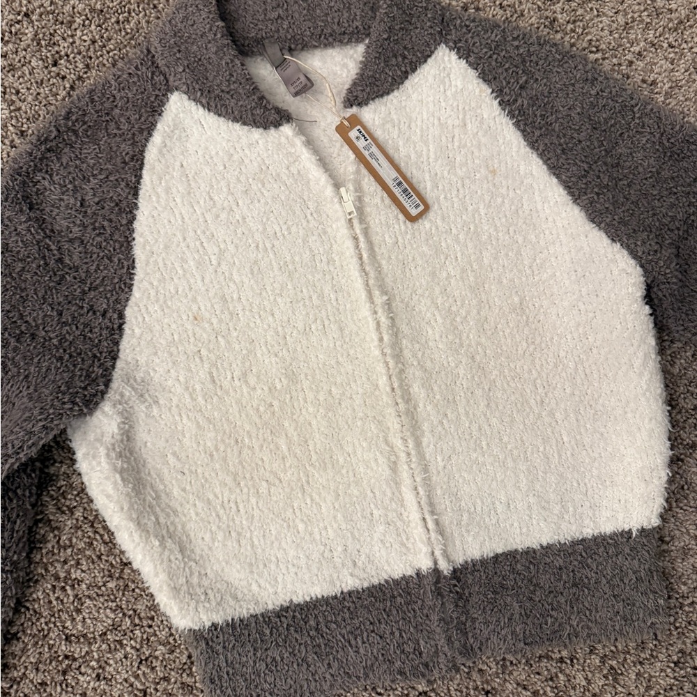 SKIMS Fuzzy Zip-Up Hoodie - Gray and Cream - Picture 2 of 5